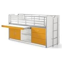 lit combiné 90x200 cm avec sommier 1 bureau 3 tiroirs bois blanc et orange bonny
