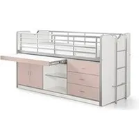lit combiné 90x200 cm avec sommier 1 bureau 3 tiroirs bois blanc et rose bonny
