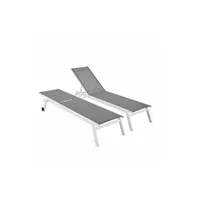 chaise longue - transat sweeek lot de 2 bains de soleil elsa en aluminium blanc et textilène gris transats multi positions avec roulettes