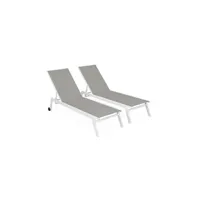 chaise longue - transat sweeek lot de 2 bains de soleil elsa - aluminium blanc et textilène taupe - transats multi positions avec roulettes