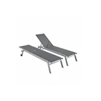chaise longue - transat sweeek lot de 2 bains de soleil elsa en aluminium gris et textilène gris foncé transats multi positions avec roulettes