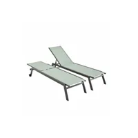 chaise longue - transat sweeek lot de 2 bains de soleil elsa en aluminium gris anthracite et textilène vert de gris transats multi positions avec roulettes