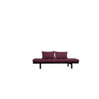banquette-lit terre de nuit sofa en pin massif noir matelas bordeaux 75x200 coussins 40x60 inclus