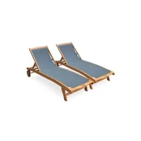 chaise longue - transat sweeek bains de soleil en bois - marbella gris anthracite - 2 transats en bois d'eucalyptus huilé et textilène gris anthracite