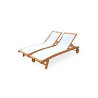 chaise longue - transat sweeek bains de soleil en bois - marbella blanc - 2 transats en bois d'eucalyptus huilé et textilène blanc