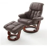 fauteuil de relaxation pegane fauteuil relax en cuir marron et noyer avec tabouret - 90 x 104 x 91 cm --