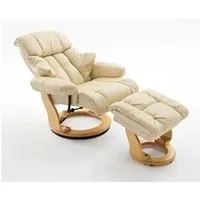fauteuil relax en cuir crème et naturel avec tabouret - 90 x 104 x 91 cm --