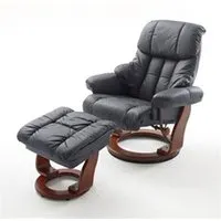 fauteuil relax en cuir noir et noyer avec tabouret - 90 x 104 x 91 cm --
