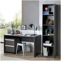 chambre complète adulte vipack london bureau gris + caisson de bureau gris + bibliotheque gris