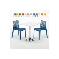 table haute grand soleil - table carrée blanche 70x70cm avec 2 chaises colorées grand soleil set intérieur bar café gruvyer cocktail, couleur: bleu