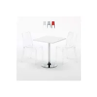 table haute grand soleil - table carrée blanche 70x70cm avec 2 chaises colorées et transparentes set intérieur bar café cristal light titanium, couleur: transparent