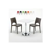 table haute grand soleil - table carrée blanche 70x70cm avec 2 chaises colorées grand soleil set intérieur bar café paris cocktail, couleur: marron