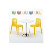 table haute grand soleil - table carrée blanche 70x70cm avec 2 chaises colorées grand soleil set intérieur bar café gruvyer cocktail, couleur: jaune