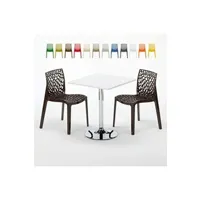 table haute grand soleil - table carrée blanche 70x70cm avec 2 chaises colorées grand soleil set intérieur bar café gruvyer cocktail, couleur: marron