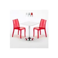 table haute grand soleil - table carrée blanche 70x70cm avec 2 chaises colorées et transparentes set intérieur bar café cristal light titanium, couleur: rouge transparent