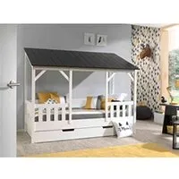 lit enfant terre de nuit lit cabane enfant avec toit noir en bois 90x200 + tiroir de lit
