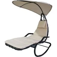 chaise longue - transat outsunny bain de soleil transat à bascule design contemporain avec pare-soleil et matelas 1,65l x 1,25l x 1,84h m acier époxy noir polyester beige
