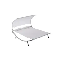 chaise longue - transat outsunny bain de soleil 2 places lit de jardin design contemporain toit réglable 2 roulettes 2 oreillers acier époxy polyester crème