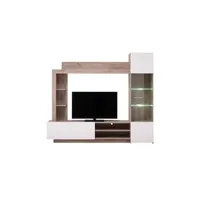 meubles tv vente-unique mur tv arkala avec rangements - leds - blanc & chêne