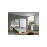 chambre complète adulte vipack london blanc lit + chevet 2 tiroirs + armoire 3 portes + bureau +caisson de bureau blanc mat