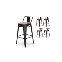 tabouret bas kosmi - lot de 4 tabourets de bar en métal noir mat style industriel avec dossier et assise en bois clair - hauteur 66cm