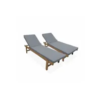 chaise longue - transat sweeek set de 2 bains de soleil en acacia - arequipa - transats avec coussins gris et roulettes multi positions