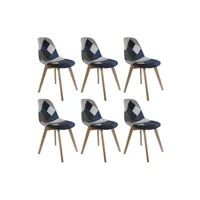 damas - lot de 6 chaises patchwork bleu et gris -