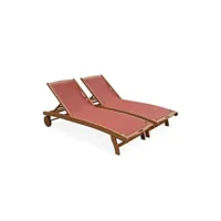 chaise longue - transat sweeek bains de soleil en bois - marbella terra cotta - 2 transats en bois d'eucalyptus huilé et textilène terra cotta