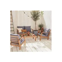 salon de jardin en bois 4 places - ushuaïa - coussins gris canapé fauteuils et table basse en acacia design
