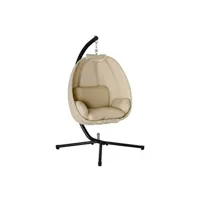 hamac extérieur outsunny fauteuil suspendu de jardin - fauteuil oeuf suspendu pliable - coussin et support inclus - métal époxy noir textilène beige
