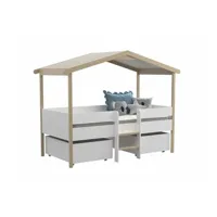 lit enfant vente-unique lit cabane sarosi avec tiroirs - 90 x 190 cm - tilleul - blanc et chêne