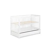 lit enfant klups timi lit bébé enfant à barreaux en bois avec sommier réglable 120x60 + tiroir blanc