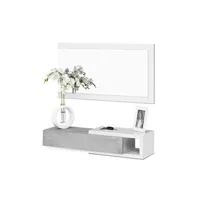 buffet pegane meuble d'entrée réversible avec miroir et 1 tiroir coloris blanc artic / ciment - 19 x 95 x 26 cm