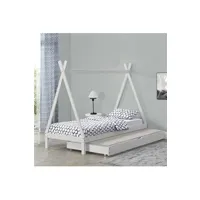 lit enfant premium xl lit de tipi pour enfant avec 2 couchage lit d'appoint en bois naturel pin avec sommier à lattes blanc 206 x 96 x 162 cm [en.casa]