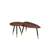 table basse homcom lot de 2 tables basses gigognes style art déco pieds effilés inclinés métal noir extrémités doré plateaux mdf aspect teck foncé