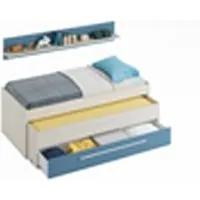lit 2 places pegane lit double avec un tiroir coloris blanc alpes / bleu en melamine - dim : 66 x 199 x 96 cm --