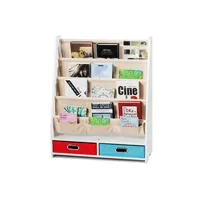 bibliothèque giantex bibliothèque pour enfant étagère de rangement pour livres avec 4 étagères à bandoulière et 2 boîtes pour jouets