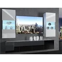 meubles tv hucoco cyan - ensemble meubles tv - unité murale largeur 200 cm - mur blanc/noir