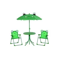 salon de jardin outsunny ensemble salon de jardin enfant 4 pcs design grenouille - table ronde + 2 chaises pliables + parasol - métal époxy oxford vert