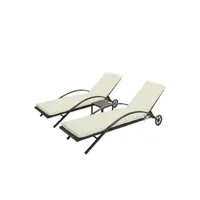 chaise longue - transat mendler 2x chaises longues hwc-e27 en polyrotin brun, coussins crème-beige