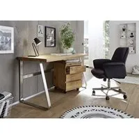 bureau droit pegane bureau en chene massif avec pietement en acier - l140 x h75 x p60 cm --