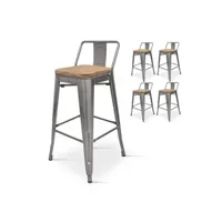 tabouret bas kosmi - lot de 4 chaises de bar, tabouret haut style industriel avec petit dossier en métal brut aspect galvanisé et assise en bois naturel clair