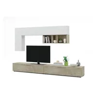 meubles tv loungitude meuble tv louis 2 portes l260cm et étagère murale l210cm - blanc et bois