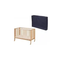 lit enfant tissi lit pliable bois naturel avec matelas et housse de protection bleue