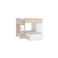 lit enfant vente-unique lits superposés d'angle réversibles ricardo - 2 x 90 x 190 cm - rangements intégrés - chêne et blanc