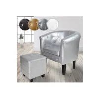 fauteuil de salon miadomodo  fauteuil chesterfield avec repose-pied - en simili cuir, avec eléments décoratifs touffetés, argenté - chaise, cabriolet, tabouret pouf, meuble de