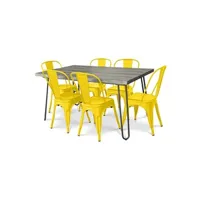 table de cuisine generique table à manger hairpin gris 150x90 + x6 chaise bistrot metalix jaune