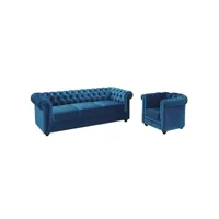 ensemble de canapés vente-unique canapé 3 places et fauteuil chesterfield - velours bleu canard