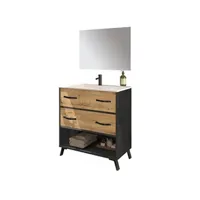meuble de salle de bain pegane meuble vasque avec miroir coloris marbre / chêne doré - hauteur 90 x longueur 81 x profondeur 47 cm --