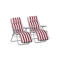 chaise longue - transat outsunny lot de 2 chaise longue bain de soleil adjustable pliable transat lit de jardin en acier rouge + blanc